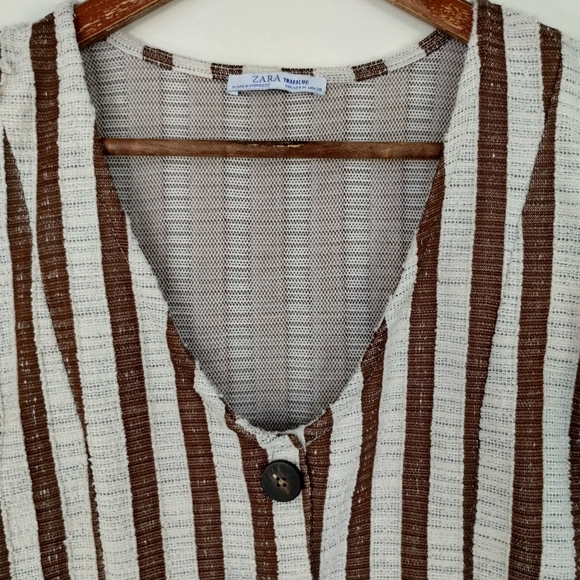 Zara Trafaluc Mini Dress Medium Striped White Brown Coastal Feminine Hippie - Picture 2 of 8
